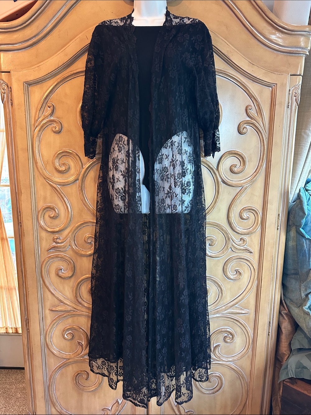 Vintage Black Sheer Lace short Sleeve Maxi Duster